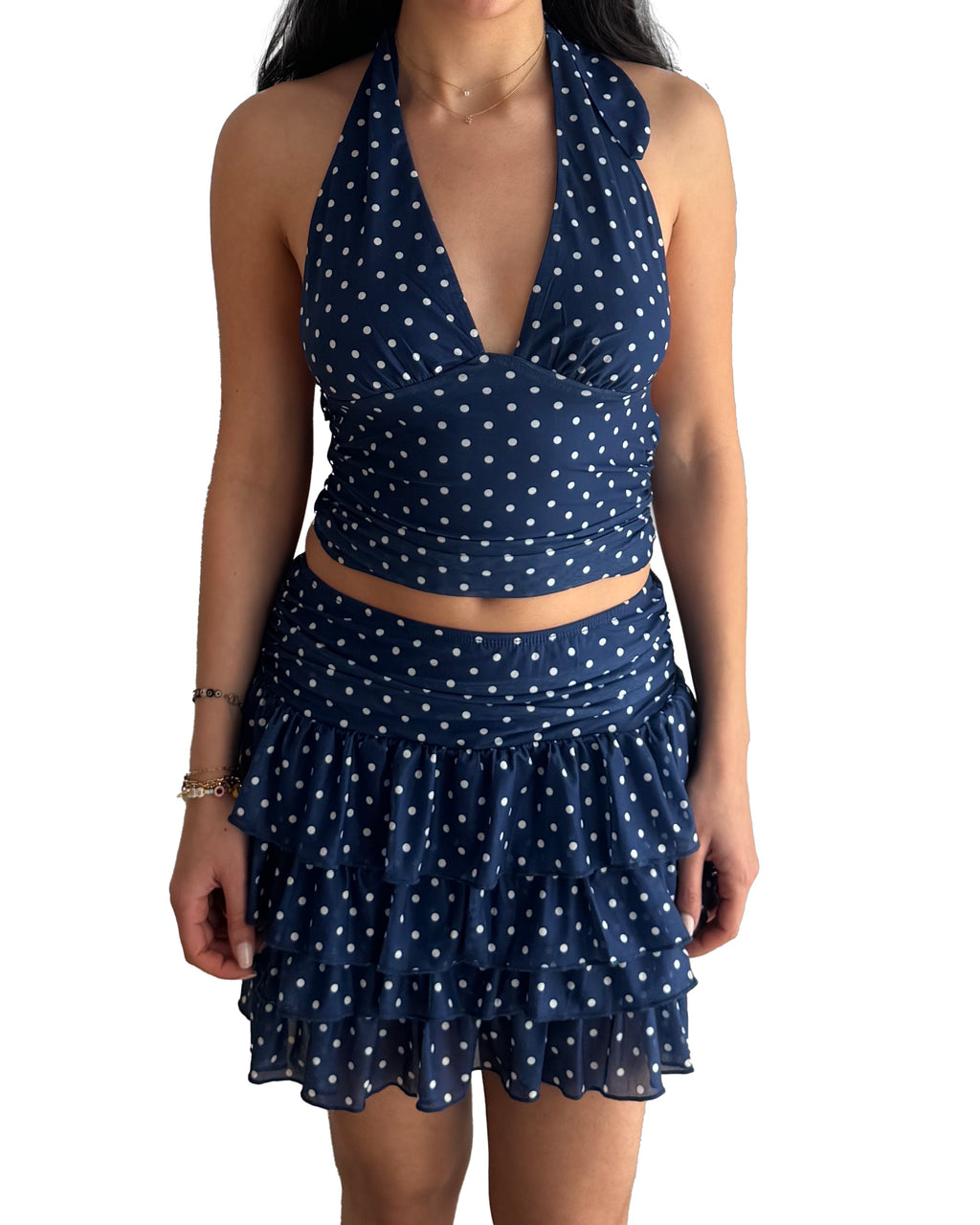 Navy blue polka dot dress with a halter top 