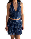 Navy blue polka dot dress with a halter top 