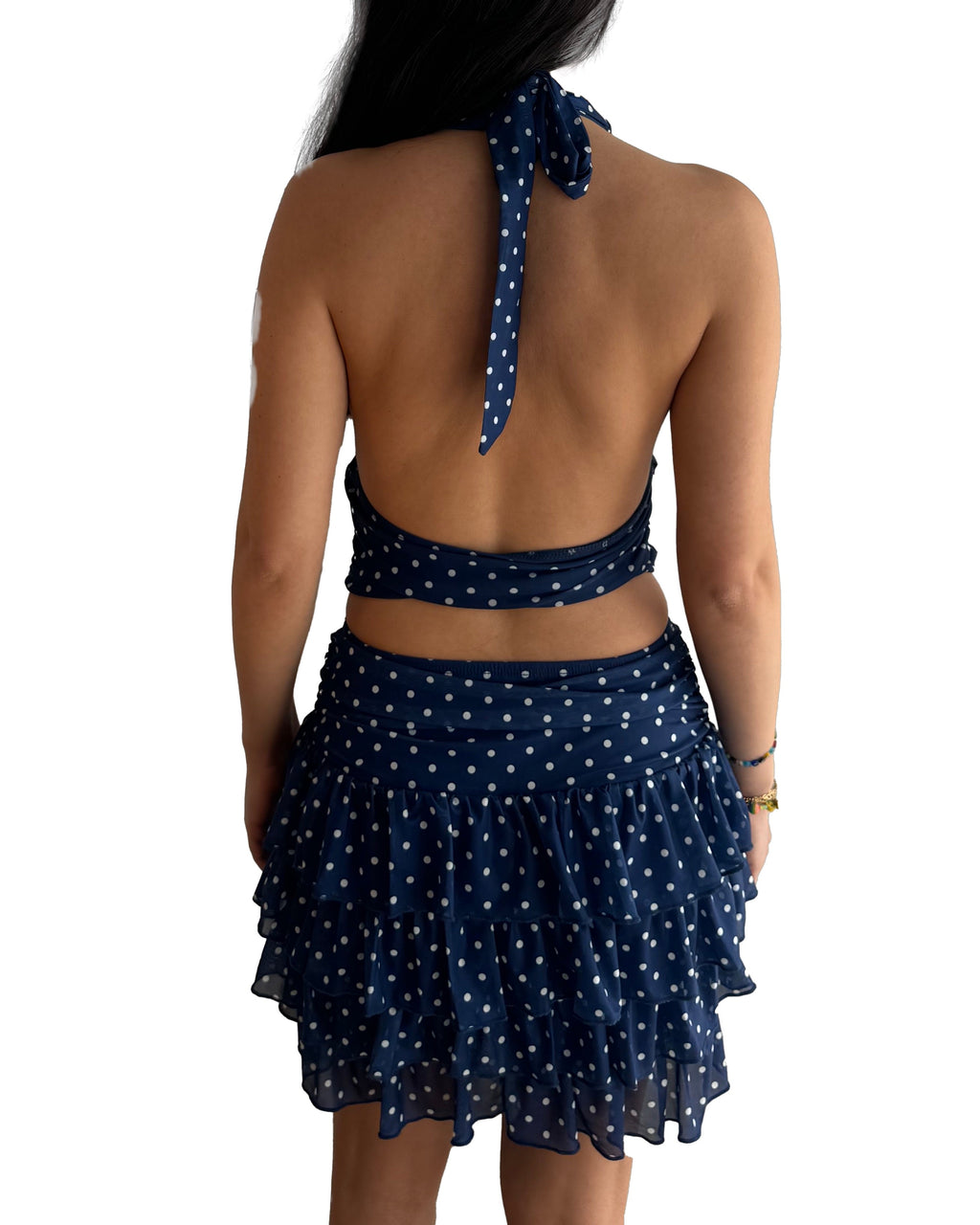 Navy blue polka dot halter top and skirt set